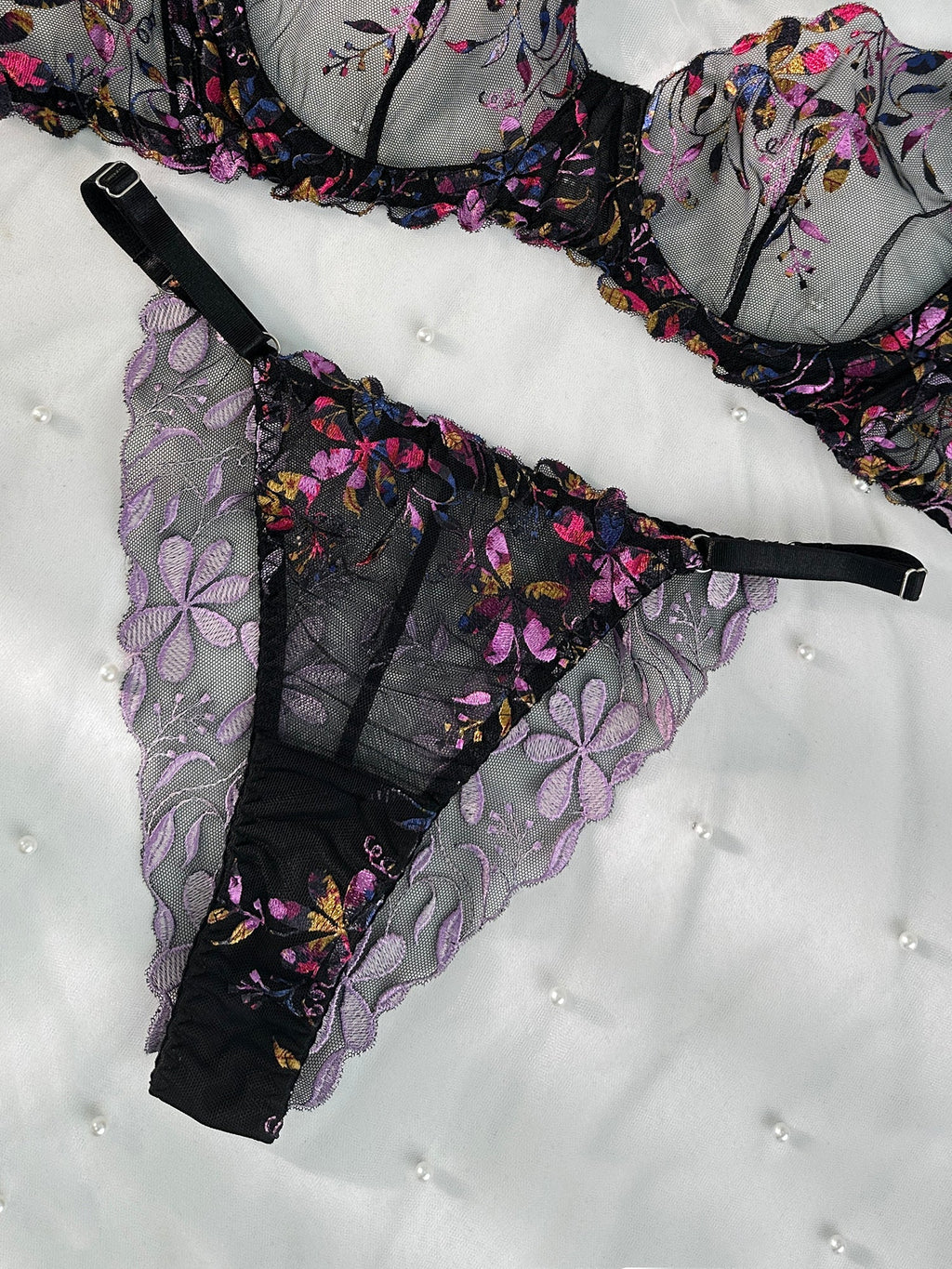 Midnight Blossom Lace Embroidered Lingerie Set
