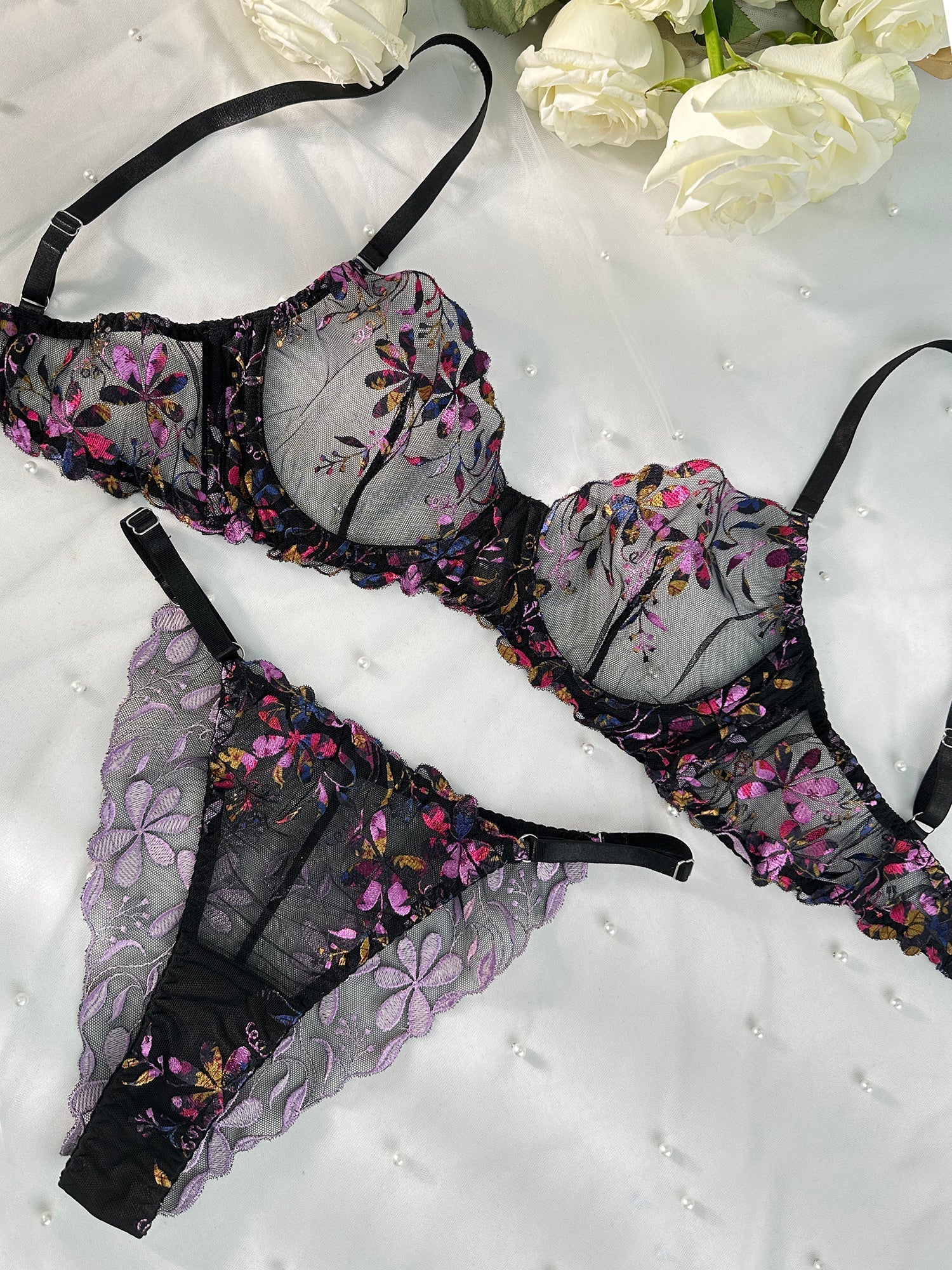 Midnight Blossom Lace Embroidered Lingerie Set — view 6 | Lavah Pleasure