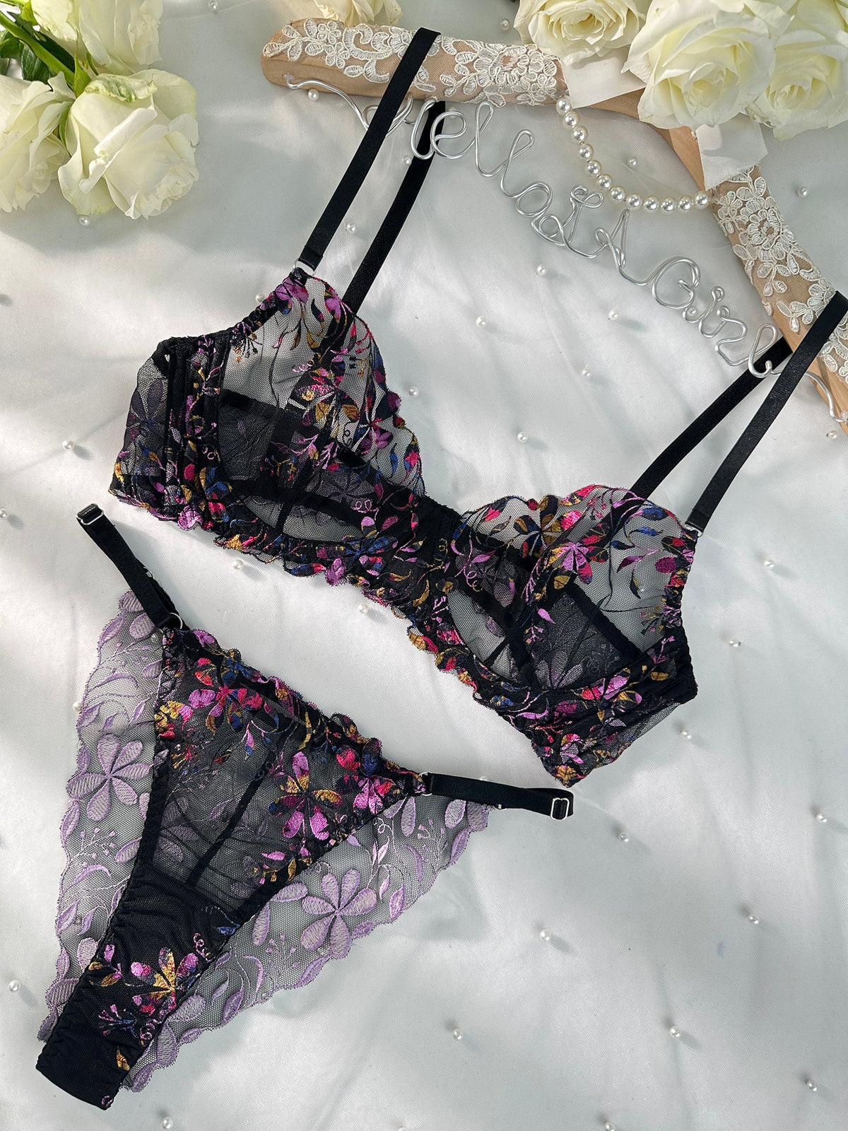 Midnight Blossom Lace Embroidered Lingerie Set — view 7 | Lavah Pleasure