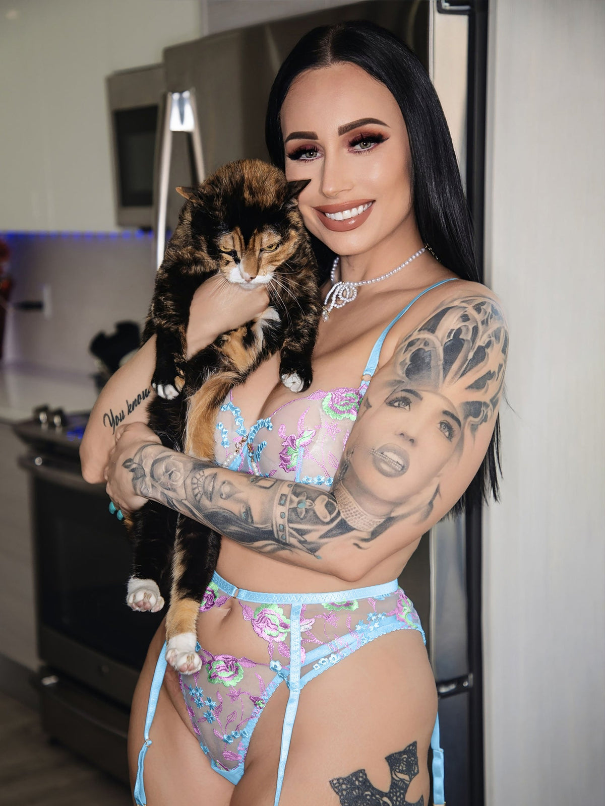 Blue Floral Embroidery Pearl Chain Lingerie Set — view 13 | Lavah Pleasure