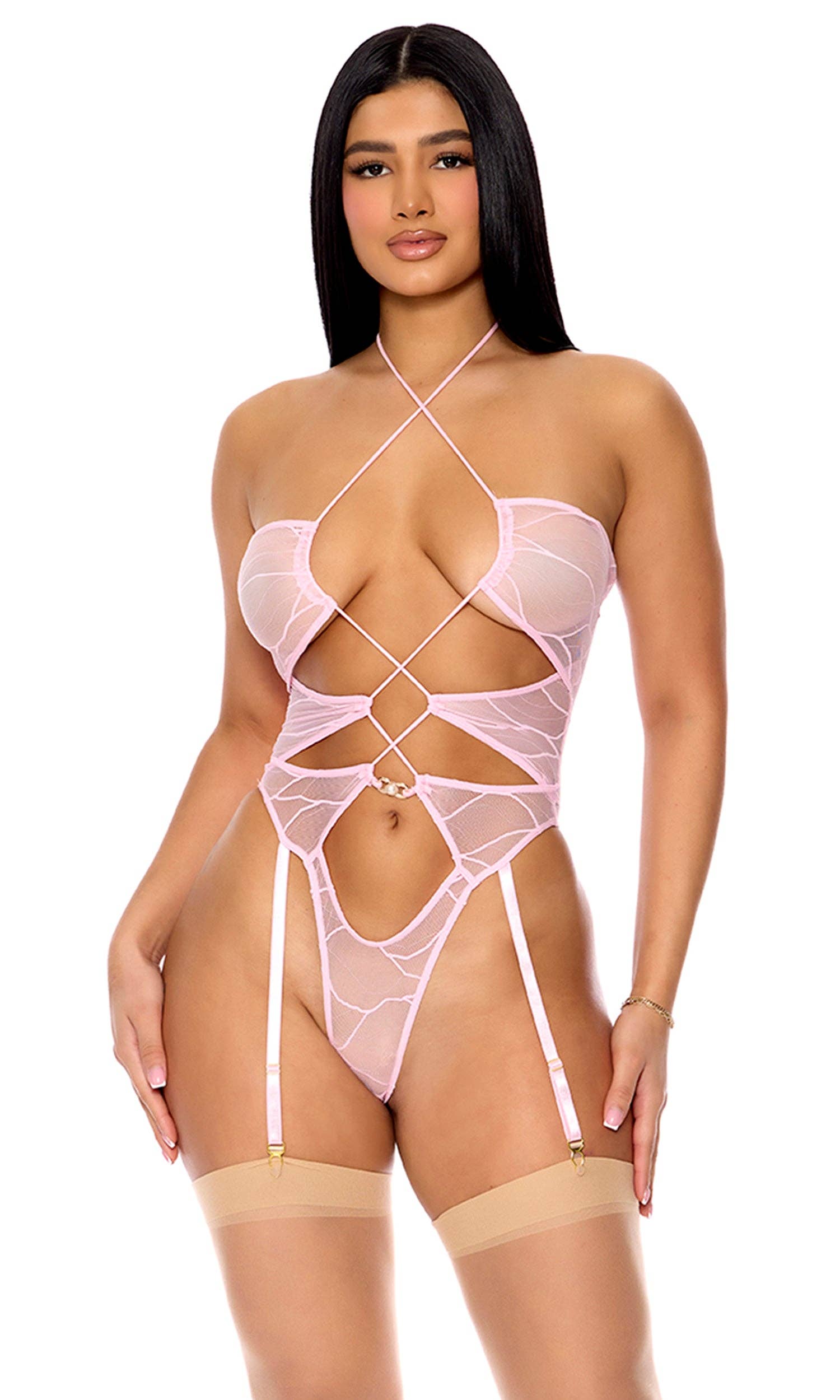 Pull My Strings Mesh Halterneck Teddy - Orchid — Bodysuit | Lavah Pleasure