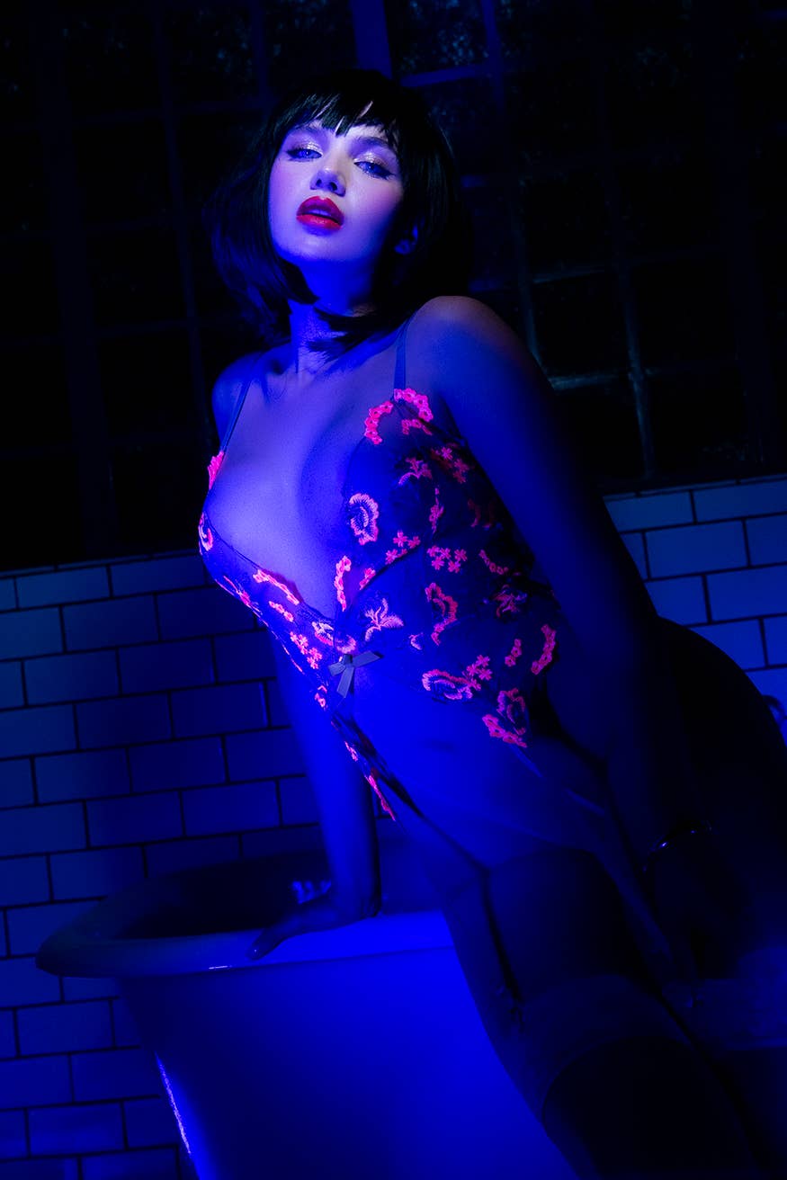 Hyacinth Reviere Floral Embroidered Garter Bodysuit — view 7 | Lavah Pleasure