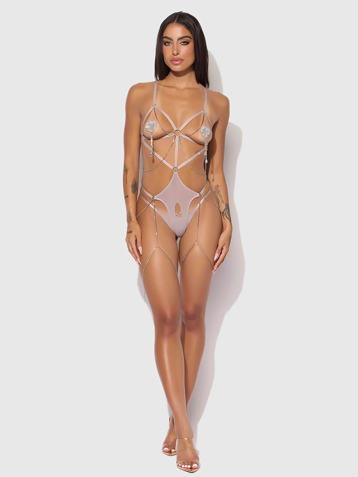 Presley Shine Mesh Open Cup & Crotchless Rhinestone Teddy — view 4 | Lavah Pleasure