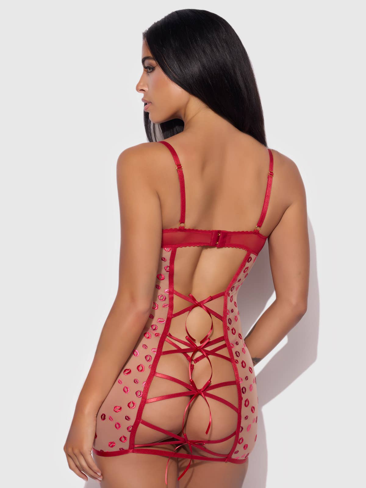 Angelina Lips Embroidery Bow Back Chemise Set — view 2 | Lavah Pleasure